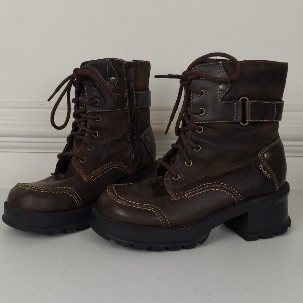 MUDD CHUNKY HEEL COMBAT BOOTS  SIDE ZIP ANKLE SZ 1 Vintage Y2K 90's